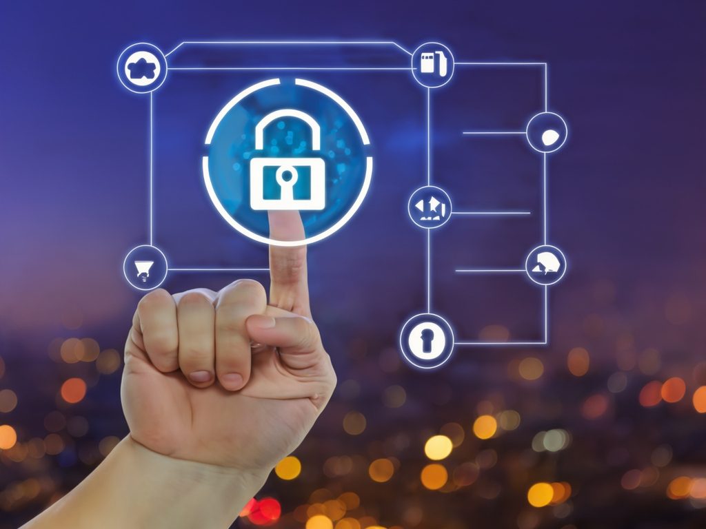 A finger pointing at a digital lock symbol with data icons in the background.