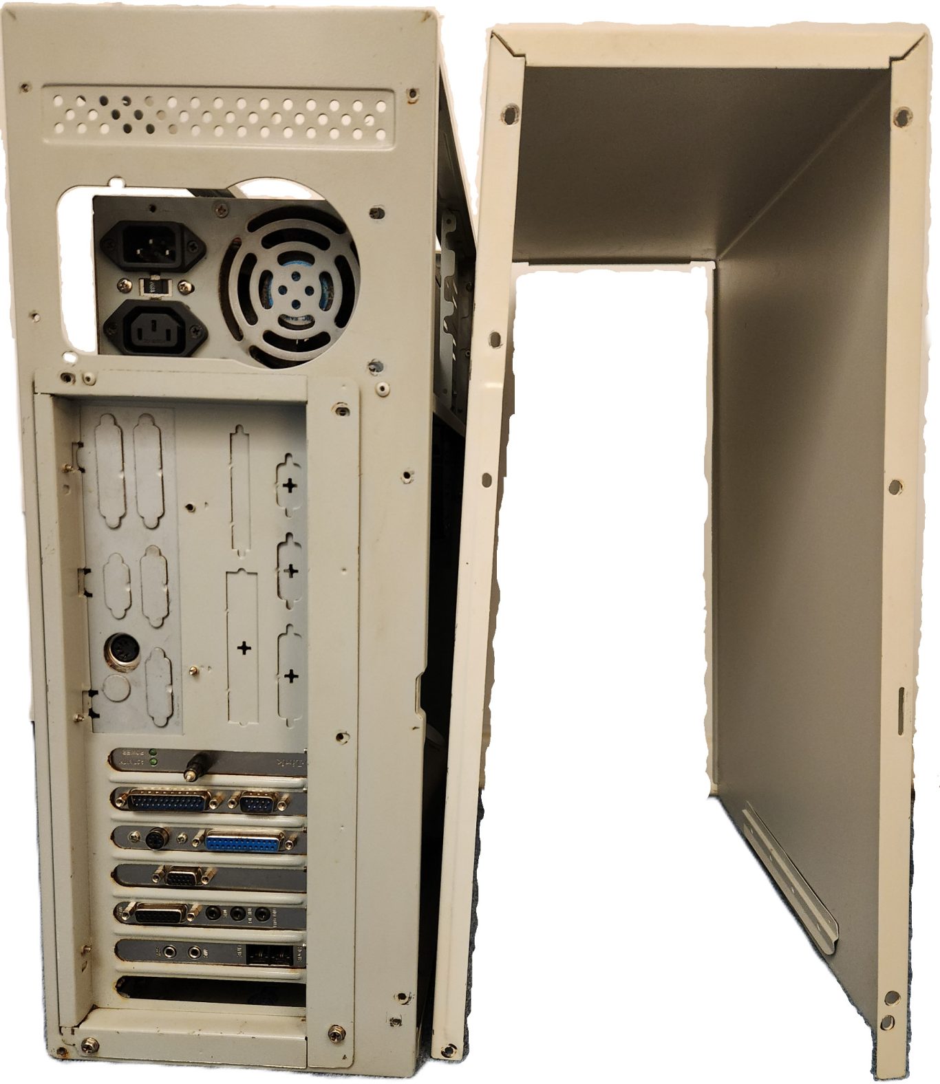 A beige computer tower with a removable side panel and various connection ports.