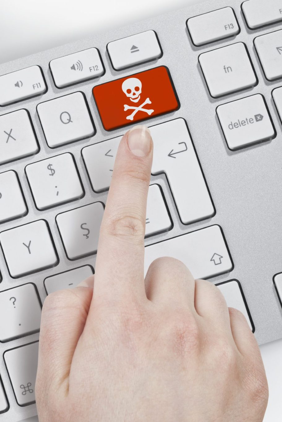 delete wrong A finger pressing a red key with a skull and crossbones symbol on a keyboard.